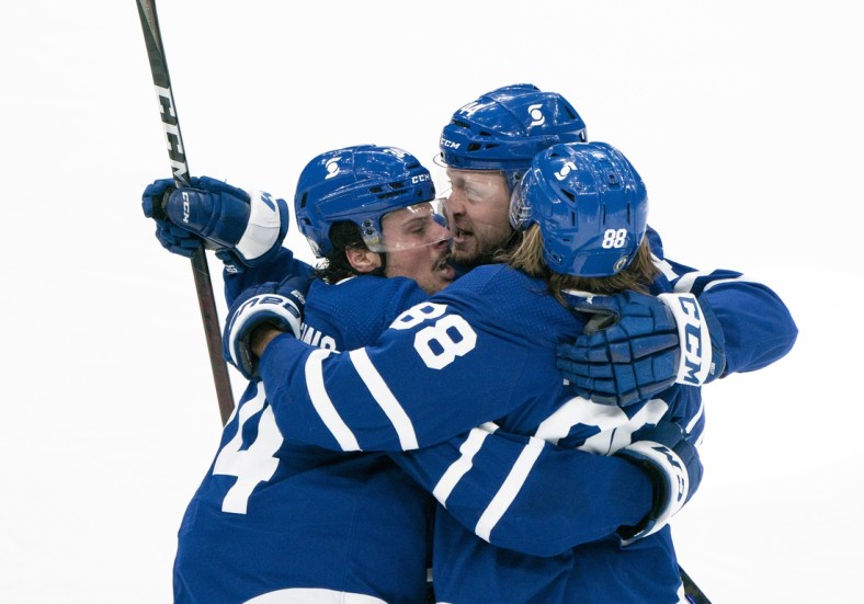 May 22, 2021; Toronto, Ontario, CAN; Toronto Maple Leafs center William Nylander (88) celebrates with center Auston Matthews (34) after scoring a goal against the Montreal Canadaiens during the third period in game two of the first round of the 2021 Stanley Cup Playoff at Scotiabank Arena. Mandatory Credit: Nick Turchiaro-USA TODAY Sports