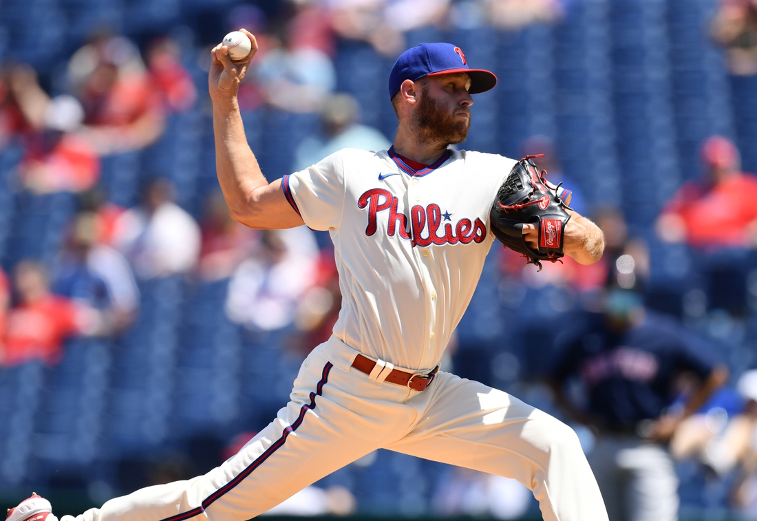 May 23, 2021; Philadelphia, Pennsylvania, USA;Philadelphia Phillies starting pitcher Zack Wheeler (45) throws a pitch in the first inning against the Boston Red Sox at Citizens Bank Park. Mandatory Credit: Kyle Ross-USA TODAY Sports