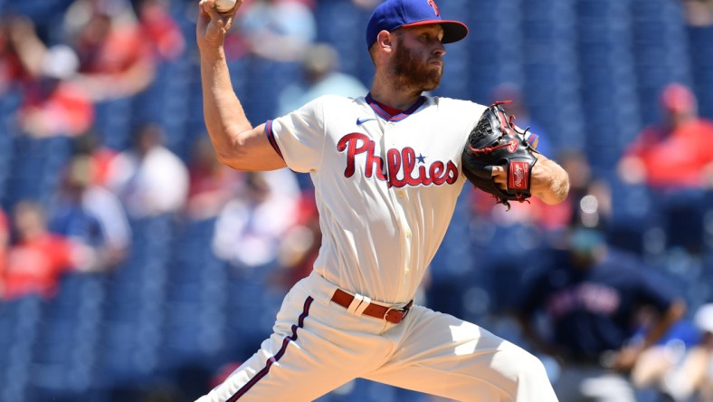 May 23, 2021; Philadelphia, Pennsylvania, USA;Philadelphia Phillies starting pitcher Zack Wheeler (45) throws a pitch in the first inning against the Boston Red Sox at Citizens Bank Park. Mandatory Credit: Kyle Ross-USA TODAY Sports