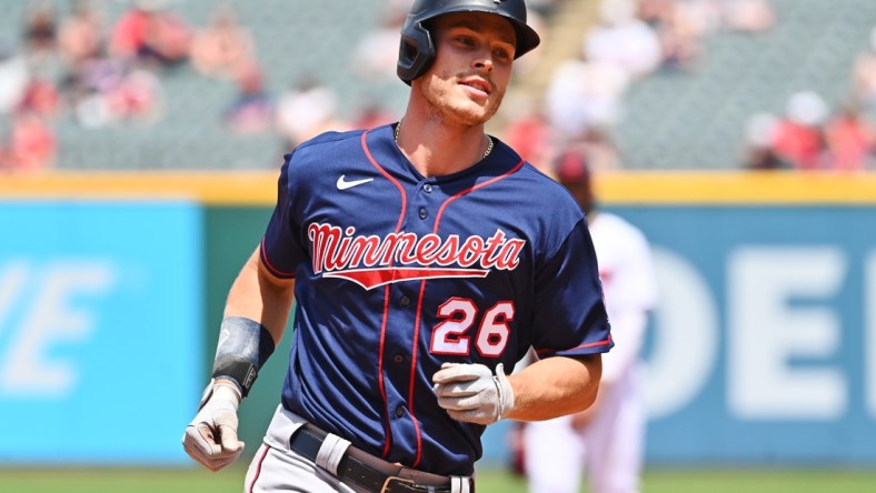 May 23, 2021; Cleveland, Ohio, USA; Minnesota Twins right fielder Max Kepler (26) rounds the bases after hitting a home run during the fourth inning against the Cleveland Indians at Progressive Field. Mandatory Credit: Ken Blaze-USA TODAY Sports