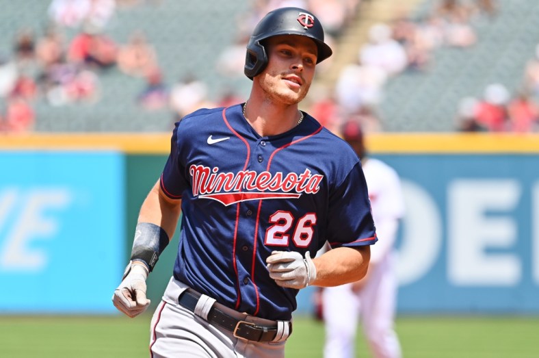 May 23, 2021; Cleveland, Ohio, USA; Minnesota Twins right fielder Max Kepler (26) rounds the bases after hitting a home run during the fourth inning against the Cleveland Indians at Progressive Field. Mandatory Credit: Ken Blaze-USA TODAY Sports