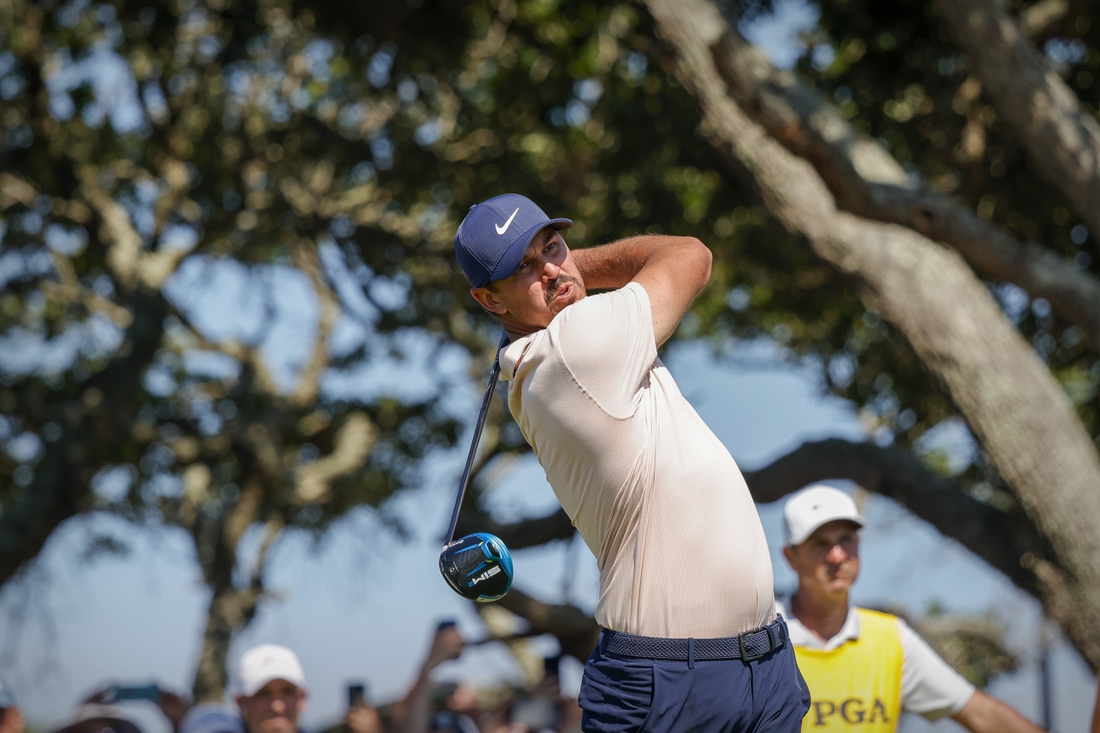 May 23, 2021; Kiawah Island, South Carolina, USA; Brooks Koepka hits from the tee during the final round of the PGA Championship golf tournament. Mandatory Credit: Geoff Burke-USA TODAY Sports