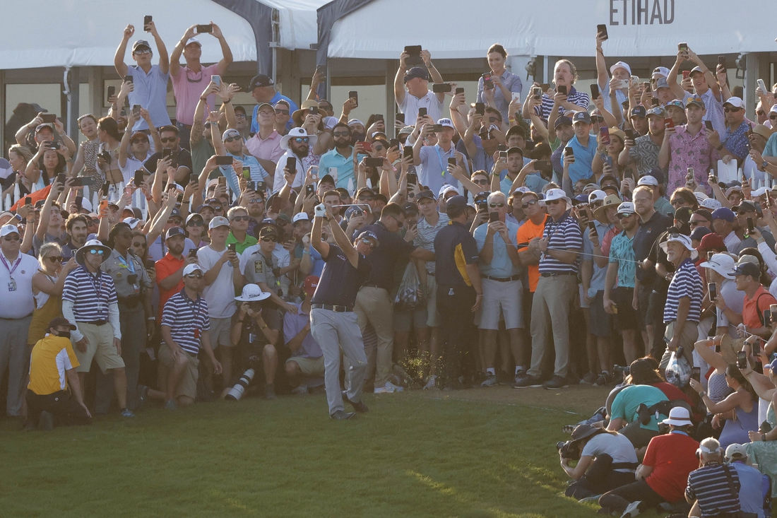 May 23, 2021; Kiawah Island, South Carolina, USA; Phil Mickelson hits his approach shot on the eighteenth hole during the final round of the PGA Championship golf tournament. Mandatory Credit: Geoff Burke-USA TODAY Sports