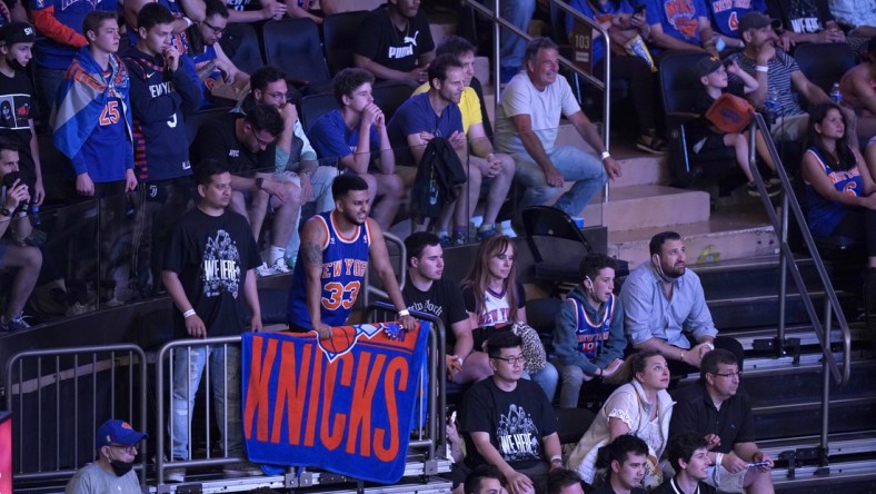 May 23, 2021; New York, New York, USA; Fans watch during the second half in game one in the first round of the 2021 NBA Playoffs between the Atlanta Hawks and the New York Knicks at Madison Square Garden. Mandatory Credit: Seth Wenig/Pool Photo-USA TODAY Sports