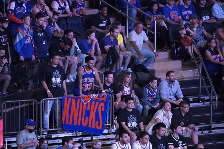May 23, 2021; New York, New York, USA; Fans watch during the second half in game one in the first round of the 2021 NBA Playoffs between the Atlanta Hawks and the New York Knicks at Madison Square Garden. Mandatory Credit: Seth Wenig/Pool Photo-USA TODAY Sports