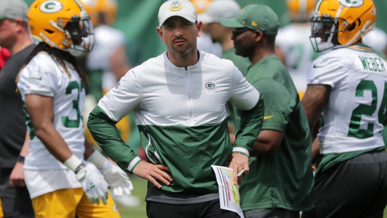 May 25, 2020; Green Bay, WI, USA; Green Bay Packers head coach Matt LaFleur (center) during the second day of organized team activities. Mandatory Credit: Mark Hoffman/Milwaukee Journal Sentinel-USA TODAY NETWORK