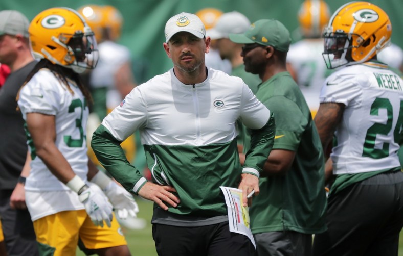 May 25, 2020; Green Bay, WI, USA; Green Bay Packers head coach Matt LaFleur (center) during the second day of organized team activities. Mandatory Credit: Mark Hoffman/Milwaukee Journal Sentinel-USA TODAY NETWORK