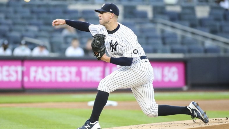 May 25, 2021; Bronx, New York, USA; New York Yankees pitcher Corey Kluber (28) pitches in the first inning against the Toronto Blue Jays at Yankee Stadium. Mandatory Credit: Wendell Cruz-USA TODAY Sports