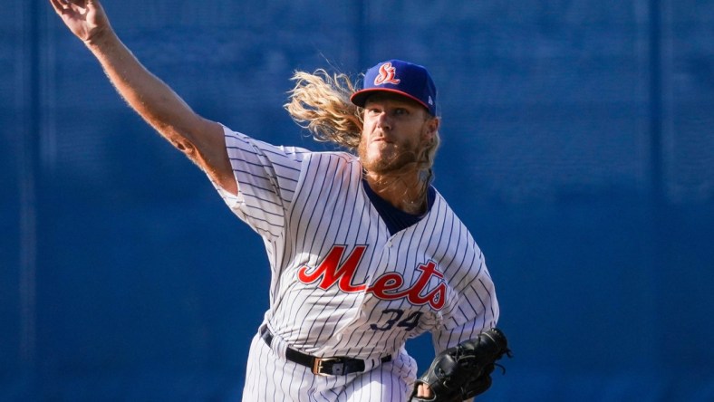 New York Mets pitcher Noah Syndergaard delivers a pitch during the first inning of a rehab assignment start for the St. Lucie Mets against Daytona Tortugas on Tuesday, May 25, 2021, at Clover Park in Port St. Lucie. According to a statement from the Mets, Syndergaard was removed after one inning due to right elbow soreness.

Tcn Syndergaard