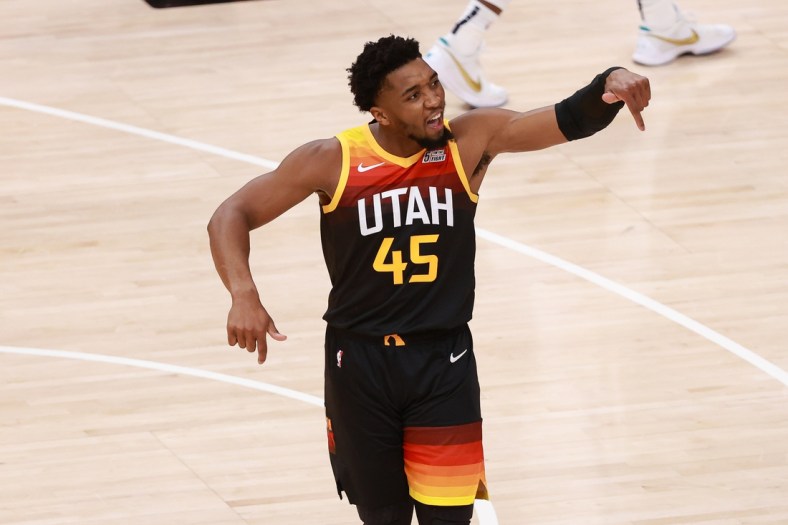 May 26, 2021; Salt Lake City, Utah, USA; Utah Jazz guard Donovan Mitchell (45) reacts during the second half against the Memphis Grizzlies in game two of the first round of the 2021 NBA Playoffs at Vivint Arena. Utah Jazz won 141-129. Mandatory Credit: Chris Nicoll-USA TODAY Sports