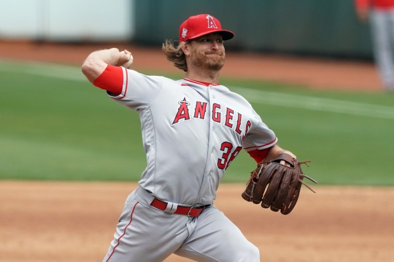 May 29, 2021; Oakland, California, USA; Los Angeles Angels starting pitcher Alex Cobb (38) throws a pitch during the sixth inning against the Oakland Athletics at RingCentral Coliseum. Mandatory Credit: Darren Yamashita-USA TODAY Sports