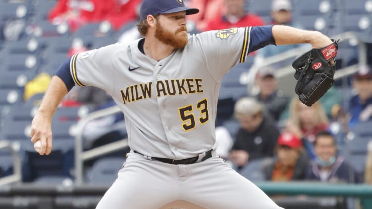 May 30, 2021; Washington, District of Columbia, USA;  Milwaukee Brewers starting pitcher Brandon Woodruff (53) p[itches against the Washington Nationals in the first inning at Nationals Park. Mandatory Credit: Geoff Burke-USA TODAY Sports