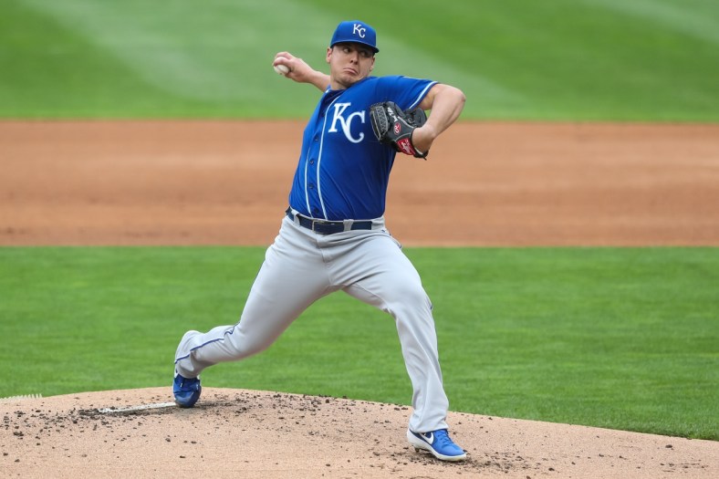 May 30, 2021; Minneapolis, Minnesota, USA; Kansas City Royals starting pitcher Brad Keller (56) delivers a pitch against the Minnesota Twins in the first inning at Target Field. Mandatory Credit: David Berding-USA TODAY Sports