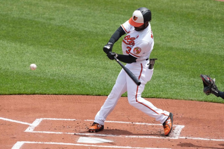 May 31, 2021; Baltimore, Maryland, USA; Baltimore Orioles outfielder Cedric Mullins (31) connects on a first inning double against the Minnesota Twins at Oriole Park at Camden Yards. Mandatory Credit: Mitch Stringer-USA TODAY Sports