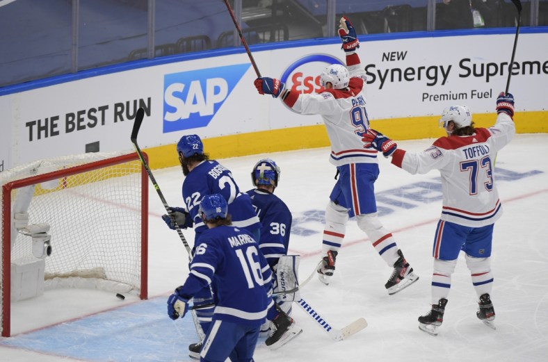 May 31, 2021; Toronto, Ontario, CAN; Montreal Canadiens forward Corey Perry (94) celebrates after scoring against the Toronto Maple Leafs in game seven of the first round of the 2021 Stanley Cup Playoffs at Scotiabank Arena. Mandatory Credit: Dan Hamilton-USA TODAY Sports