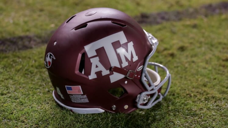 Nov 25, 2017; Baton Rouge, LA, USA; A Texas A&M Aggies helmet is seen on the ground during a game against the LSU Tigers at Tiger Stadium. Mandatory Credit: Stephen Lew-USA TODAY Sports