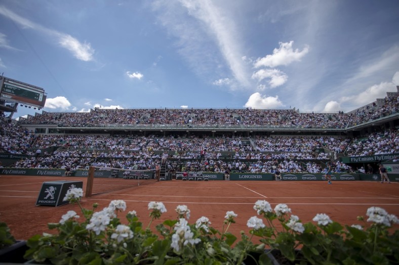 Jun 7, 2018, Paris, France: General view of Philippe Chatrier Court during the Simona Halep (ROU) and Garbine Muguruza (ESP) match on day 12 of the 2018 French Open at Roland Garros. Mandatory Credit: Susan Mullane-USA TODAY Sports