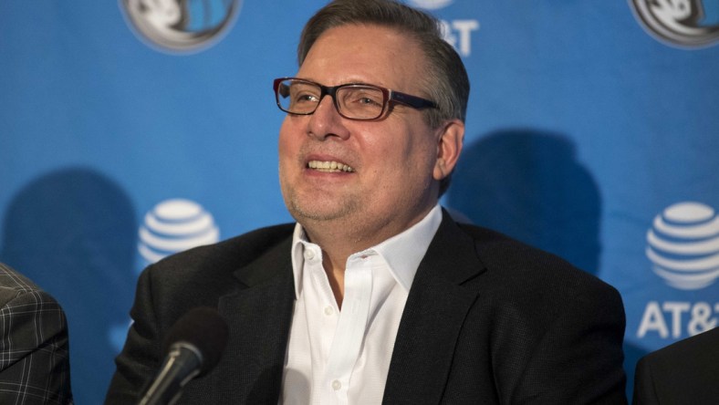 Jun 22, 2018; Dallas, TX, USA; Dallas Mavericks general manager Donnie Nelson answers questions during a press conference at the American Airlines Center. Mandatory Credit: Jerome Miron-USA TODAY Sports