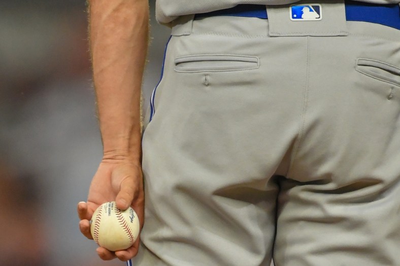 Jul 11, 2018; Atlanta, GA, USA; Toronto Blue Jays relief pitcher Tim Mayza (58) grips the ball before a pitch against the Atlanta Braves during the fifth inning at SunTrust Park. Mandatory Credit: Dale Zanine-USA TODAY Sports