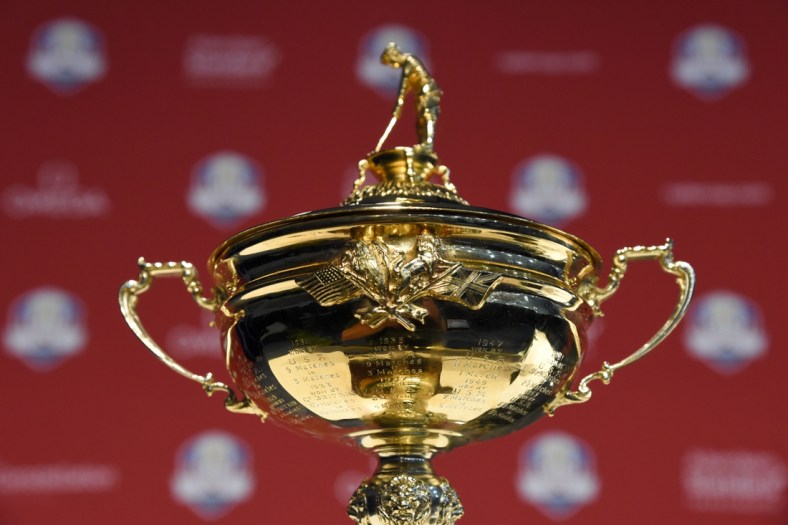 Aug 13, 2018; Saint Louis, MO, USA; Detail view of the Ryder Cup Trophy during a press conference as U.S. Team captain Jim Furyk (not pictured) officially name the eight qualifying members of the 2018 U.S. Ryder Cup team at Bellerive Country Club. Mandatory Credit: John David Mercer-USA TODAY Sports