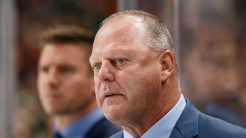 Oct 6, 2018; Saint Paul, MN, USA; Las Vegas Golden Knights head coach Gerard Gallant on the bench in the first period against Minnesota Wild at Xcel Energy Center. Mandatory Credit: Brad Rempel-USA TODAY Sports