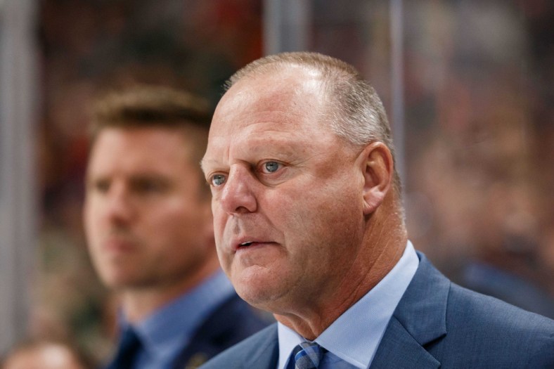 Oct 6, 2018; Saint Paul, MN, USA; Las Vegas Golden Knights head coach Gerard Gallant on the bench in the first period against Minnesota Wild at Xcel Energy Center. Mandatory Credit: Brad Rempel-USA TODAY Sports
