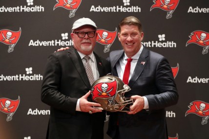 Jan 10, 2019; Tampa, FL, USA; Tampa Bay Buccaneers general manager Jason Licht and head coach Bruce Arians pose for a photo at AdventHealth Training Center. Mandatory Credit: Kim Klement-USA TODAY Sports