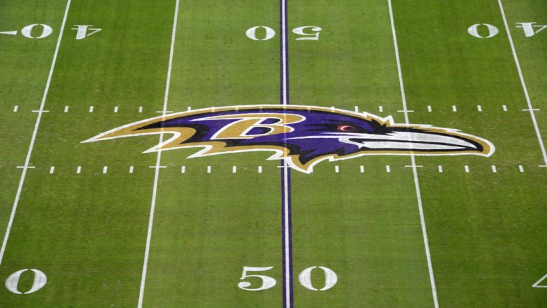 Jan 6, 2019; Baltimore, MD, USA; Detailed view of the Baltimore Ravens logo at midfield during an AFC Wild Card playoff football game against the Los Angeles Chargers at M&T Bank Stadium. Mandatory Credit: Kirby Lee-USA TODAY Sports