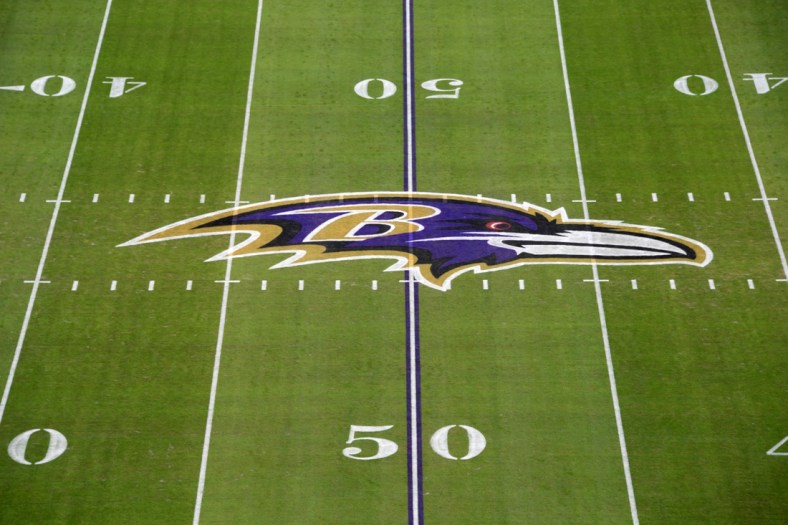 Jan 6, 2019; Baltimore, MD, USA; Detailed view of the Baltimore Ravens logo at midfield during an AFC Wild Card playoff football game against the Los Angeles Chargers at M&T Bank Stadium. Mandatory Credit: Kirby Lee-USA TODAY Sports