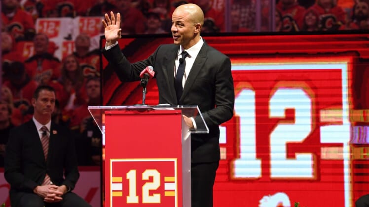 Mar 2, 2019; Calgary, Alberta, CAN; Former Calgary Flames captain Jarome Iginla speaks at his ceremony to retire his jersey before the Calgary Flames take on the Minnesota Wild at Scotiabank Saddledome. Mandatory Credit: Candice Ward-USA TODAY Sports