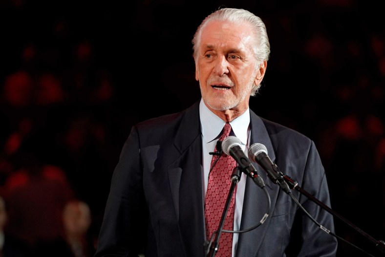 Mar 26, 2019; Miami, FL, USA; Miami Heat president Pat Riley speaks during the jersey retirement of former player Chris Bosh during halftime of the game between the Miami Heat and the Orlando Magic at American Airlines Arena. Mandatory Credit: Jasen Vinlove-USA TODAY Sports