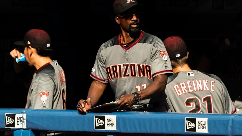 Jun 8, 2019; Toronto, Ontario, CAN; Arizona Diamondbacks hitting coach Darnell Coles (11) looks on against the Toronto Blue Jays from the dugout at Rogers Centre. Mandatory Credit: Kevin Sousa-USA TODAY Sports