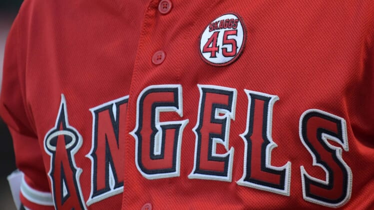 Jul 17, 2019; Anaheim, CA, USA; Detailed view of a memorial patch for Los Angeles Angels pitcher Tyler Skaggs (45) on the jersey of designated hitter Shohei Ohtani (17) at Angel Stadium of Anaheim. Skaggs, 27, died at a hotel in Southlake, Texas, July 1, 2019, where he was found unresponsive prior to a game against the Texas Rangers. Mandatory Credit: Kirby Lee-USA TODAY Sports