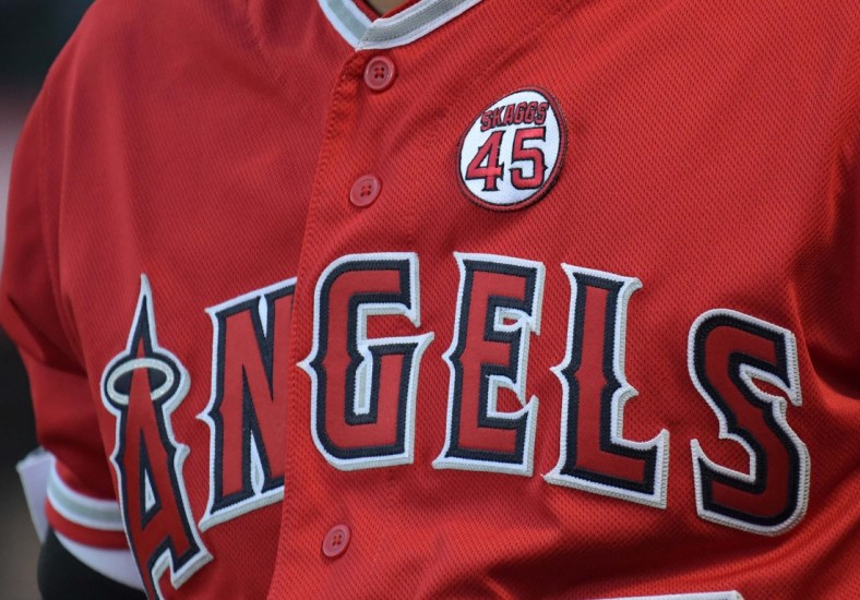 Jul 17, 2019; Anaheim, CA, USA; Detailed view of a memorial patch for Los Angeles Angels pitcher Tyler Skaggs (45) on the jersey of designated hitter Shohei Ohtani (17) at Angel Stadium of Anaheim. Skaggs, 27, died at a hotel in Southlake, Texas, July 1, 2019, where he was found unresponsive prior to a game against the Texas Rangers. Mandatory Credit: Kirby Lee-USA TODAY Sports