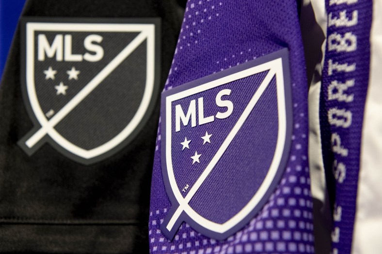 Jul 27, 2019; Orlando, FL, USA; General view of a MLS logo on a jersey prior to the MLS works Day of Service event at Ace Cafe. Mandatory Credit: Douglas DeFelice-USA TODAY Sports