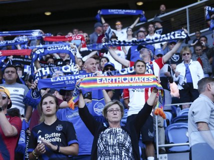 Aug 3, 2019; San Jose, CA, USA; San Jose Earthquakes fans hold up their scarves before the game against the Columbus Crew SC at Avaya Stadium. Mandatory Credit: Kelley L Cox-USA TODAY Sports