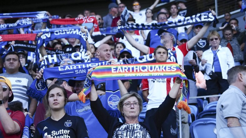 Aug 3, 2019; San Jose, CA, USA; San Jose Earthquakes fans hold up their scarves before the game against the Columbus Crew SC at Avaya Stadium. Mandatory Credit: Kelley L Cox-USA TODAY Sports