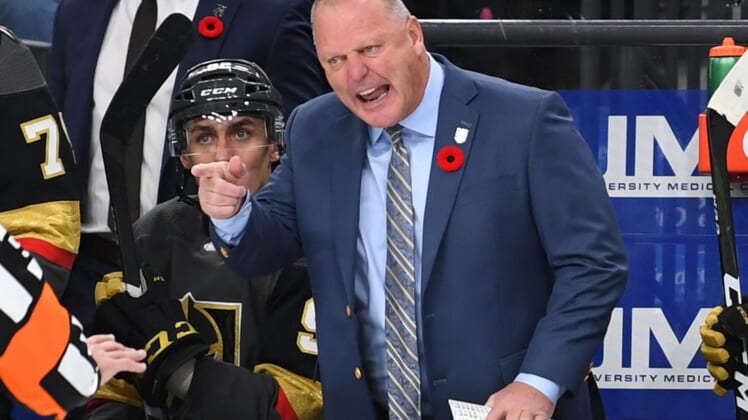 Nov 2, 2019; Las Vegas, NV, USA; Vegas Golden Knights head coach Gerard Gallant argues a call during the third period against the Winnipeg Jets at T-Mobile Arena. Mandatory Credit: Stephen R. Sylvanie-USA TODAY Sports