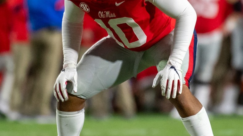 Nov 16, 2019; Oxford, MS, USA; Mississippi Rebels linebacker Jacquez Jones (10) lines up against the Louisiana State Tigers in the first half at Vaught-Hemingway Stadium. Mandatory Credit: Vasha Hunt-USA TODAY Sports