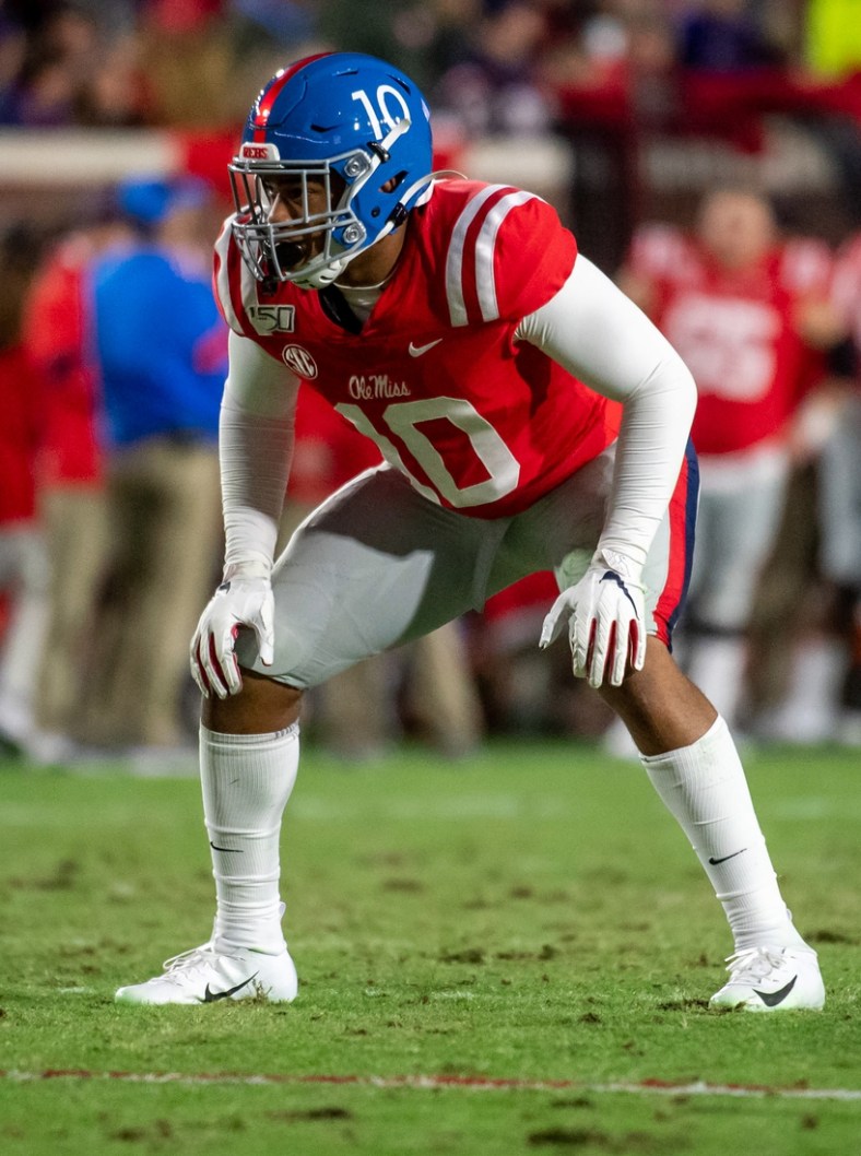Nov 16, 2019; Oxford, MS, USA; Mississippi Rebels linebacker Jacquez Jones (10) lines up against the Louisiana State Tigers in the first half at Vaught-Hemingway Stadium. Mandatory Credit: Vasha Hunt-USA TODAY Sports