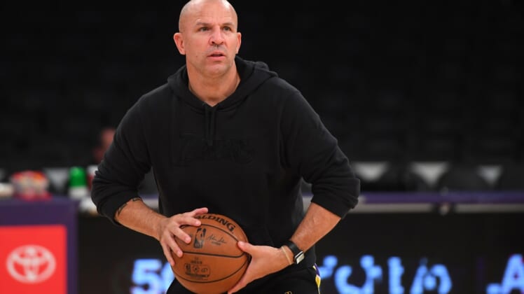 Nov 19, 2019; Los Angeles, CA, USA; Los Angeles Lakers coach Jason Kidd warms up players before the game against the Oklahoma City Thunder at Staples Center. Mandatory Credit: Jayne Kamin-Oncea-USA TODAY Sports