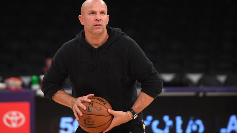 Nov 19, 2019; Los Angeles, CA, USA; Los Angeles Lakers coach Jason Kidd warms up players before the game against the Oklahoma City Thunder at Staples Center. Mandatory Credit: Jayne Kamin-Oncea-USA TODAY Sports