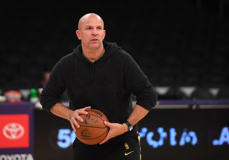 Nov 19, 2019; Los Angeles, CA, USA; Los Angeles Lakers coach Jason Kidd warms up players before the game against the Oklahoma City Thunder at Staples Center. Mandatory Credit: Jayne Kamin-Oncea-USA TODAY Sports