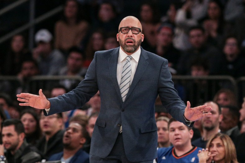 Nov 23, 2019; New York, NY, USA; New York Knicks head coach David Fizdale reacts during the first quarter against the San Antonio Spurs at Madison Square Garden. Mandatory Credit: Vincent Carchietta-USA TODAY Sports