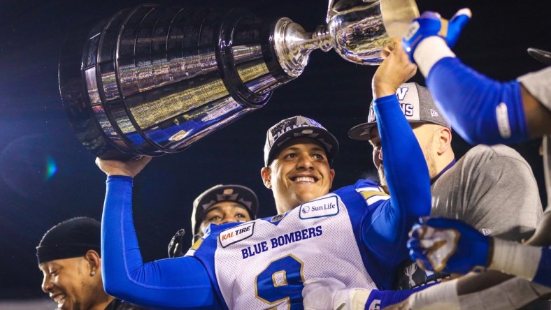 Nov 24, 2019; Calgary, Alberta, CAN; Winnipeg Blue Bombers kicker Justin Medlock (9) celebrates win over Hamilton Tiger-Cats during the 107th Grey Cup championship football game at McMahon Stadium. Mandatory Credit: Sergei Belski-USA TODAY Sports