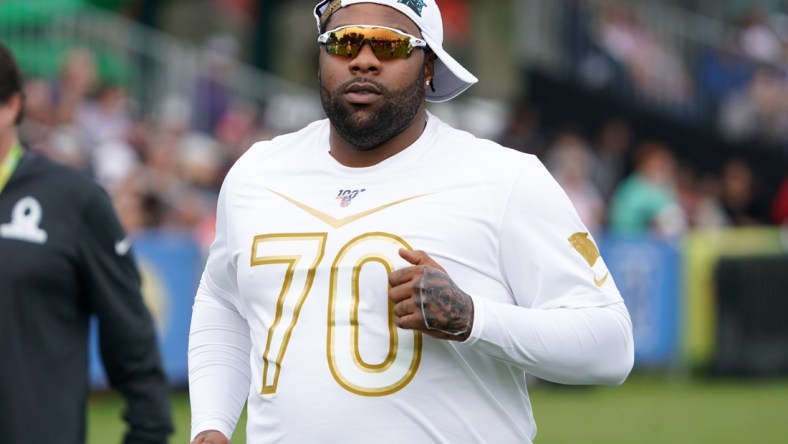 Jan 23, 2020; Kissimmee, Florida, USA; Carolina Panthers guard Carolina Panthers guard Trai Turner (70) during NFC practice at ESPN Wide World of Sports. Mandatory Credit: Kirby Lee-USA TODAY Sports