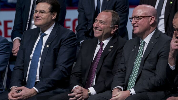 Feb 12, 2020; Vancouver, British Columbia, CAN; Gary Bettman commissioner of the National Hockey League with a smile during the Sedin's retirement ceremony prior to a game between the Vancouver Canucks and Chicago Blackhawks. Mandatory Credit: Bob Frid-USA TODAY Sports