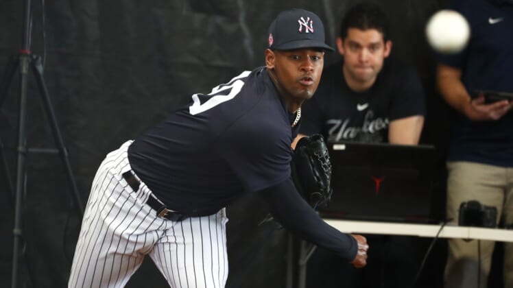 Feb 13, 2020; Tampa, Florida, USA;  New York Yankees starting pitcher Luis Severino (40) throws a bullpen session during spring training at George M. Steinbrenner Field. Mandatory Credit: Kim Klement-USA TODAY Sports
