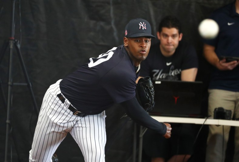 Feb 13, 2020; Tampa, Florida, USA;  New York Yankees starting pitcher Luis Severino (40) throws a bullpen session during spring training at George M. Steinbrenner Field. Mandatory Credit: Kim Klement-USA TODAY Sports