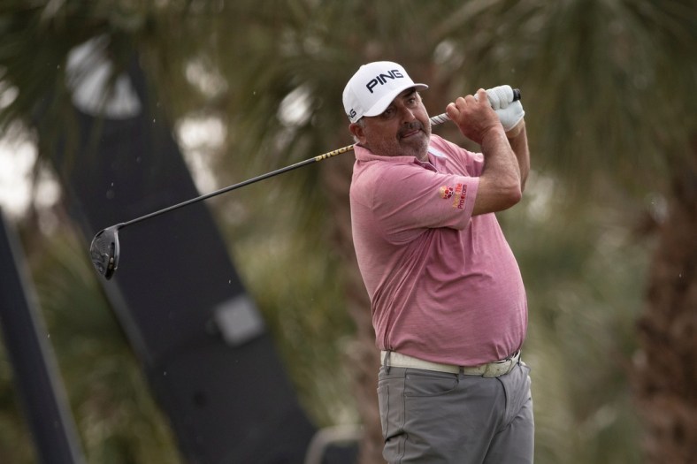 Angel Cabrera of Villa Allende, Cordoba, Argentina, tees off at the 10th hole during the first day of the Chubb Classic, Friday, Feb. 14, 2020, at Lely Resort in Lely, Florida.

Ndn 0213 Ja Chubb Classic 065